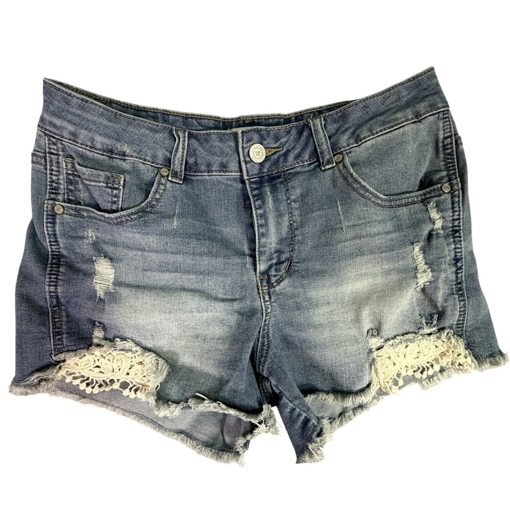 Denim Mini Shorts‎ Women Size 28 Distressed Crochet Fray Hem Blue